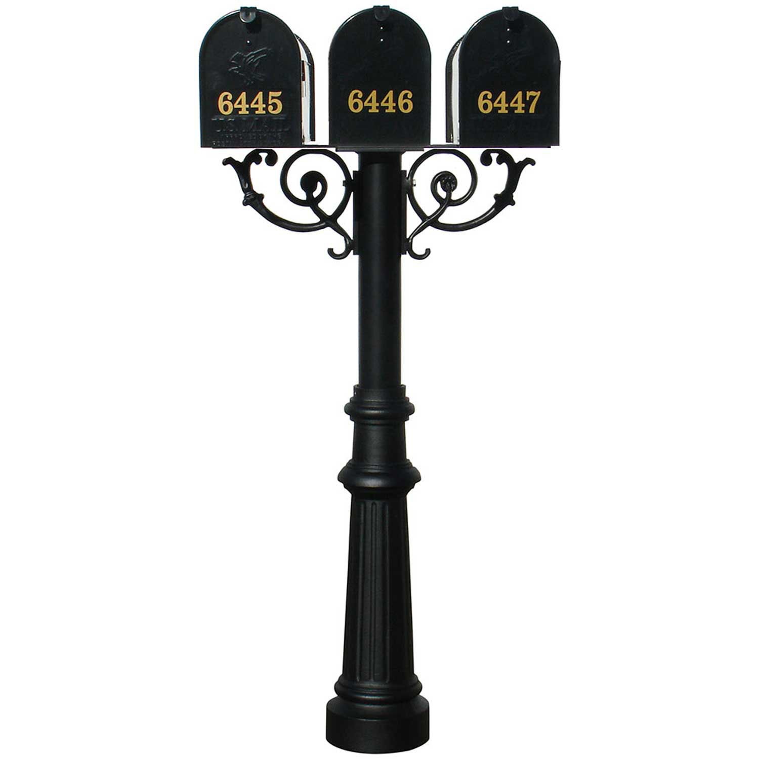 QualArc The Hanford Mailbox Post System Triple Post with Fluted Base #8 and Scroll Supports