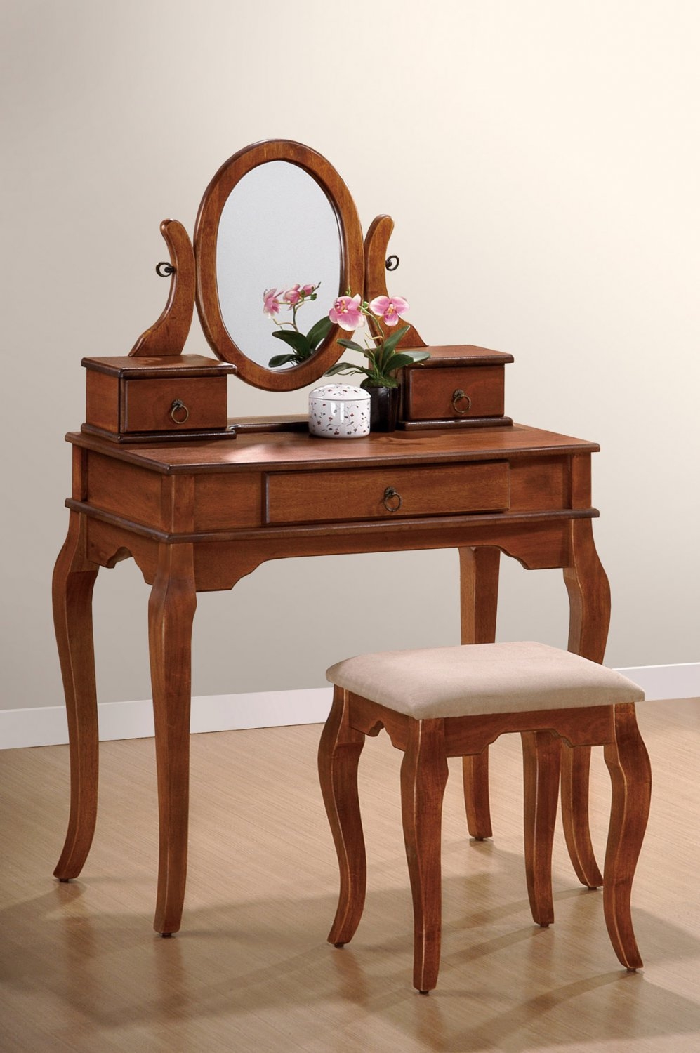Vanity Set w/ Curved Leg Design Stool and Table in Oak Finish