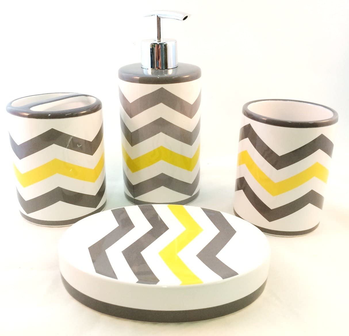 Chevron Lotion Soap Pump Dispenser Dish Tumbler Toothbrush Holder Gray White Yellow Ceramic 4 piece Bathroom Set