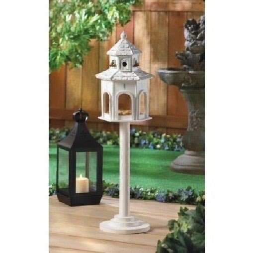 Free Standing Gazebo Birdhouse White Finish Weathered Wood Bird Feeder Garden