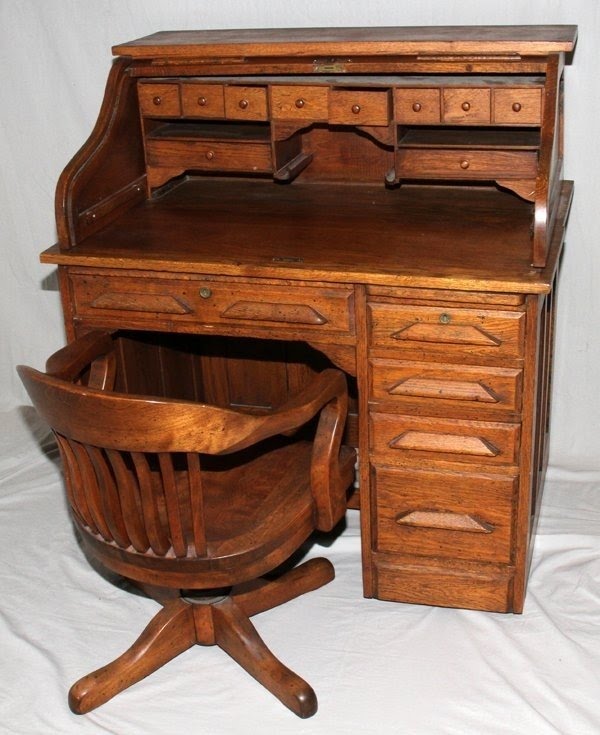 American oak roll top desk with chair early 20