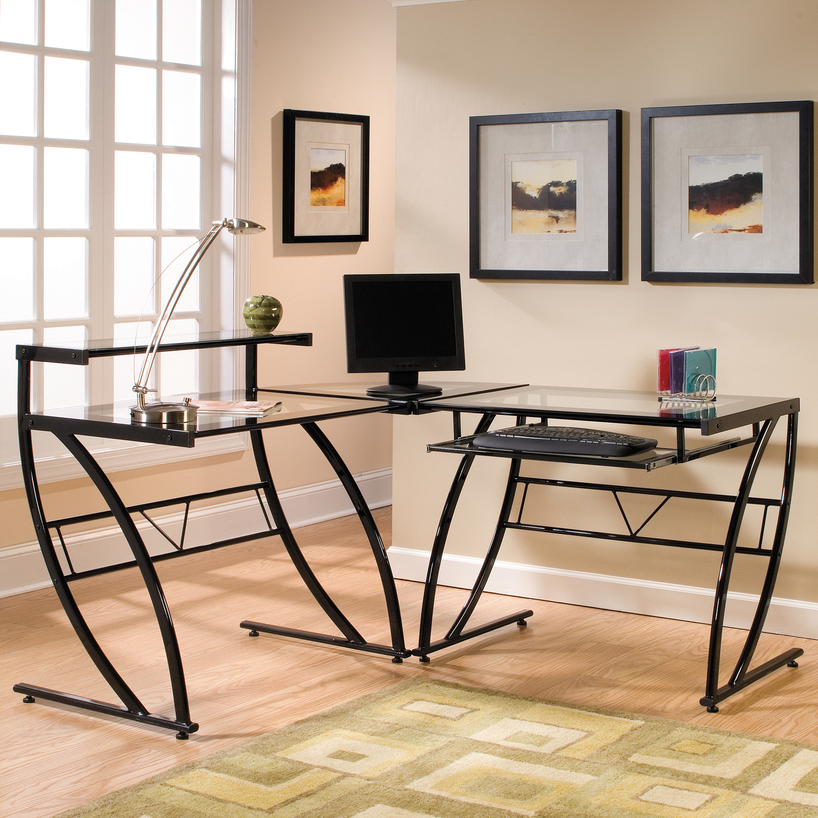 Black glass l shaped desk 1