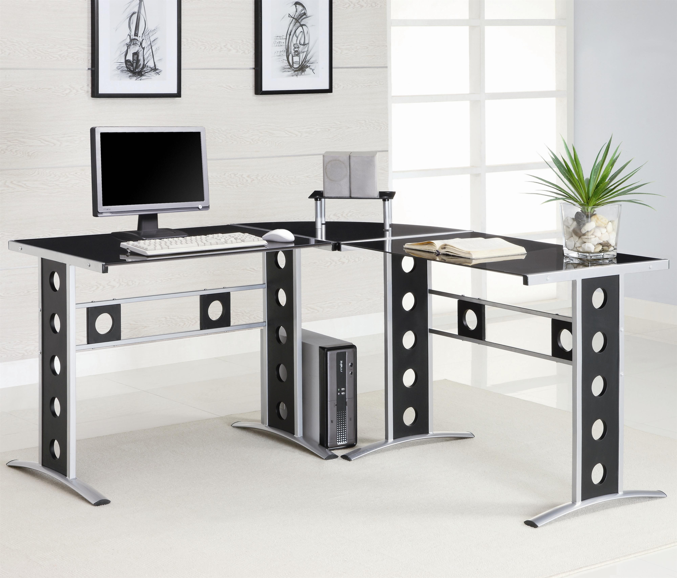 Black glass l shaped desk
