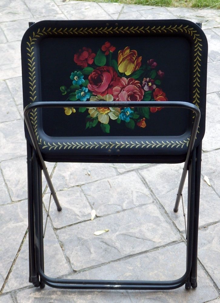 Set Of 4 Vtg Mid Century Black Floral Folding Metal Tv Snack Trays