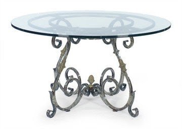 French wrought iron and parcel gilt glass top circular dining