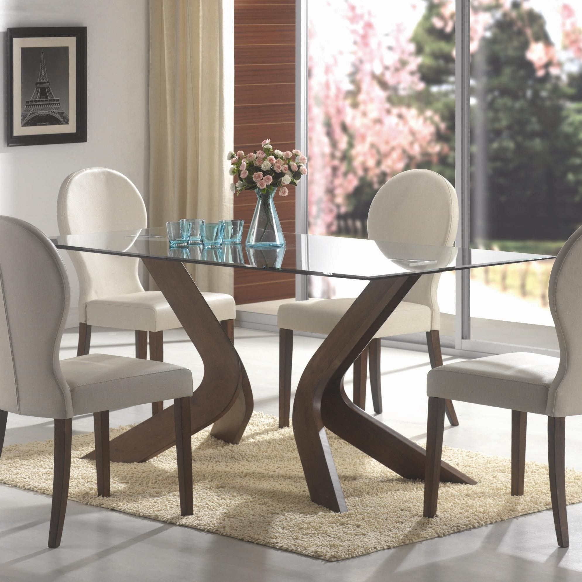 Glass dining table with wood base