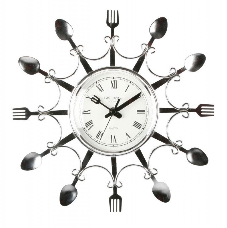 Kitchen Clocks Novelty Design Chrome Colour Fork Spoon Kitchen Wall Clock