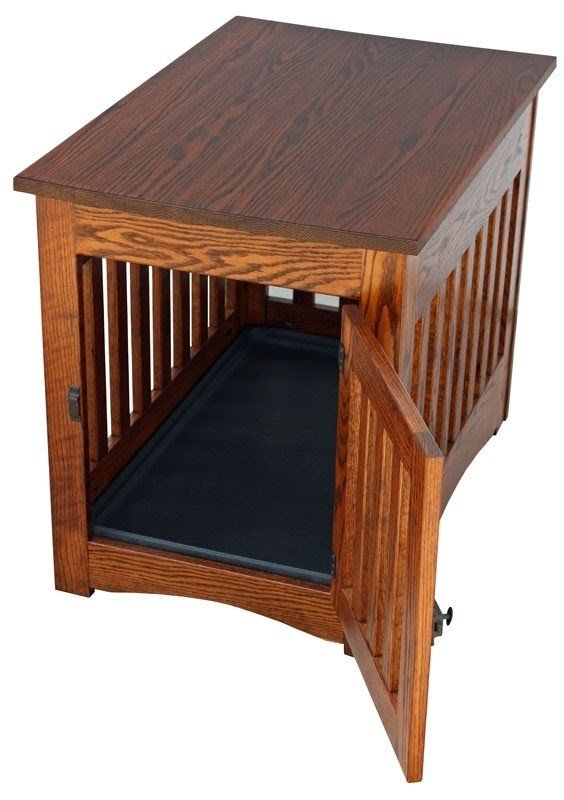 Pictured above mission style end table dog crate in oak