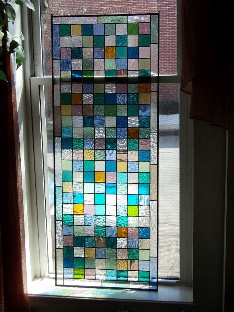 Custom made stained glass window panel sea glass colors