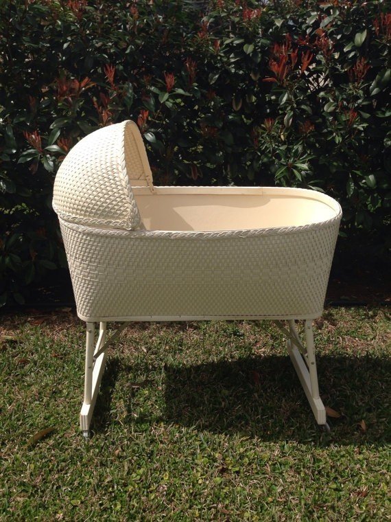 Vintage white wicker baby bassinet 1970s