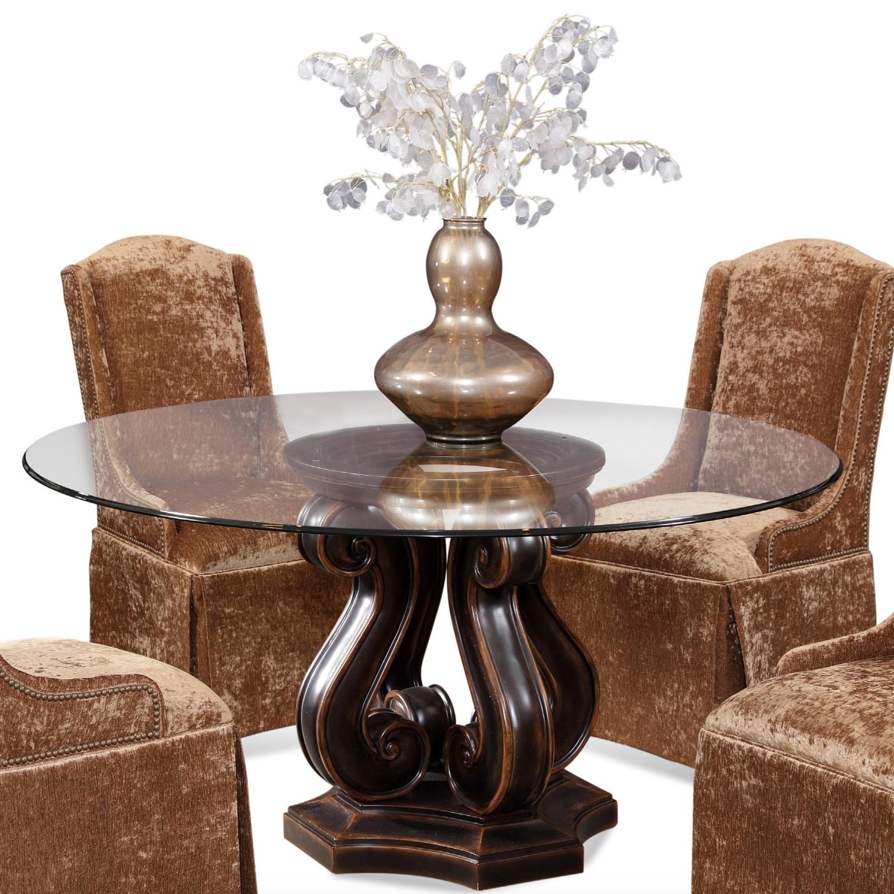 Glass top dining table design idea with unique chocolate base
