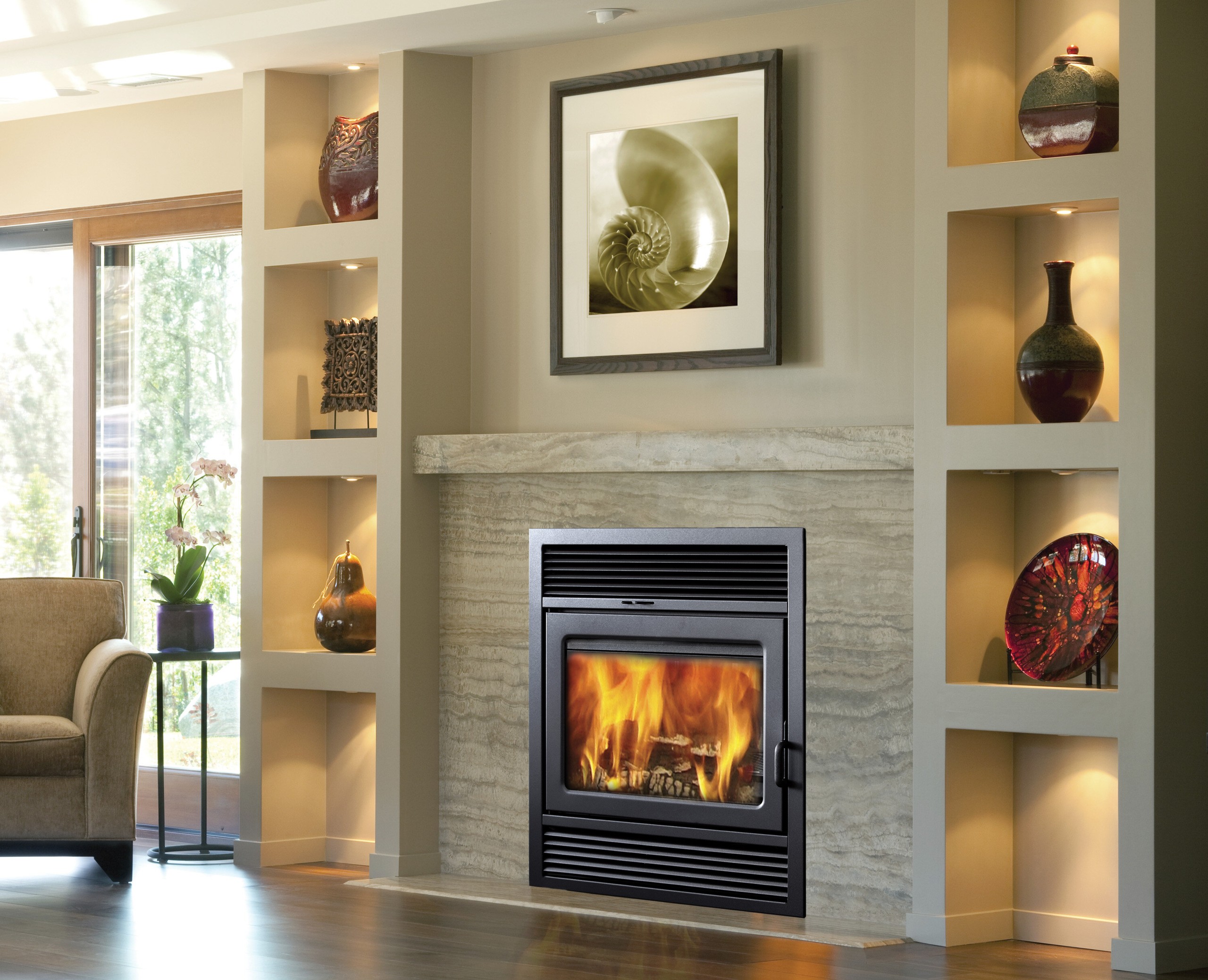 Fireplace with shelves
