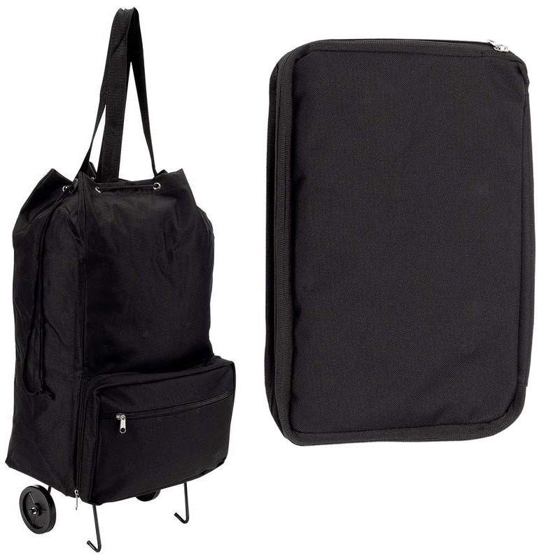 Black folding shopping bag with retractable wheels