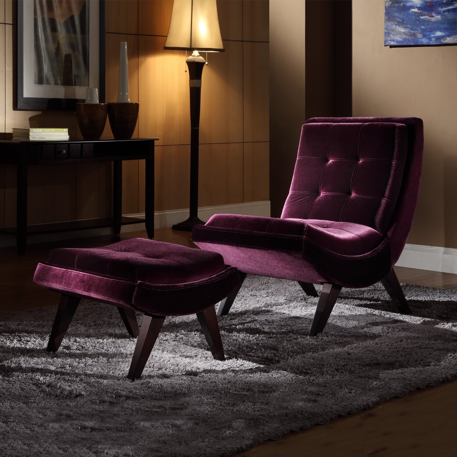 Albury plum velvet lounging chair with ottoman 395