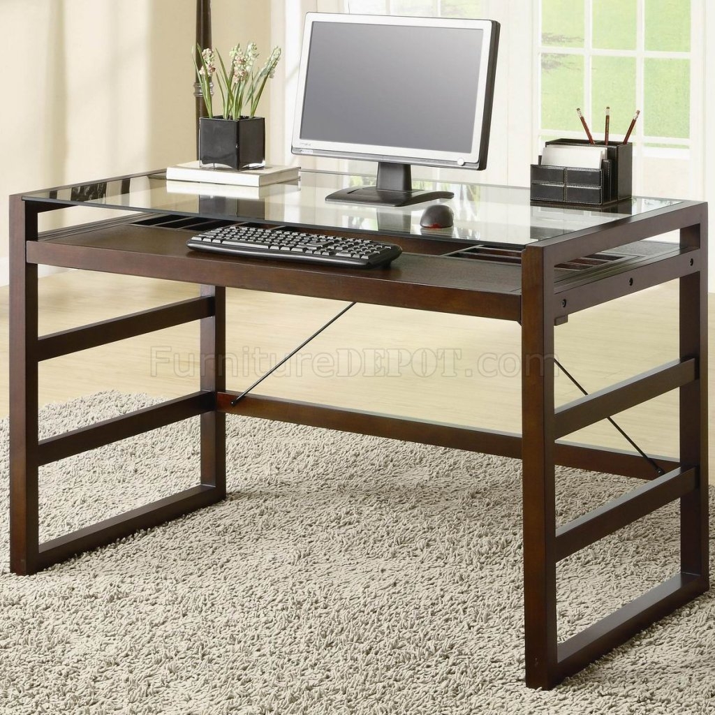 Dark cherry finish modern glass top home office desk w