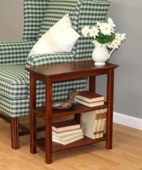 Our chairside bookshelf end table in chestnut finish