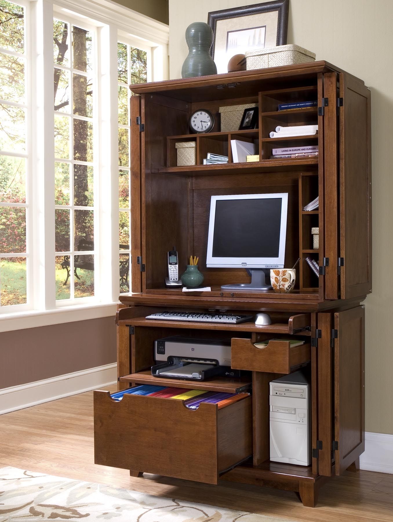 Oak finish traditional bookcases cabinets and computer armoires