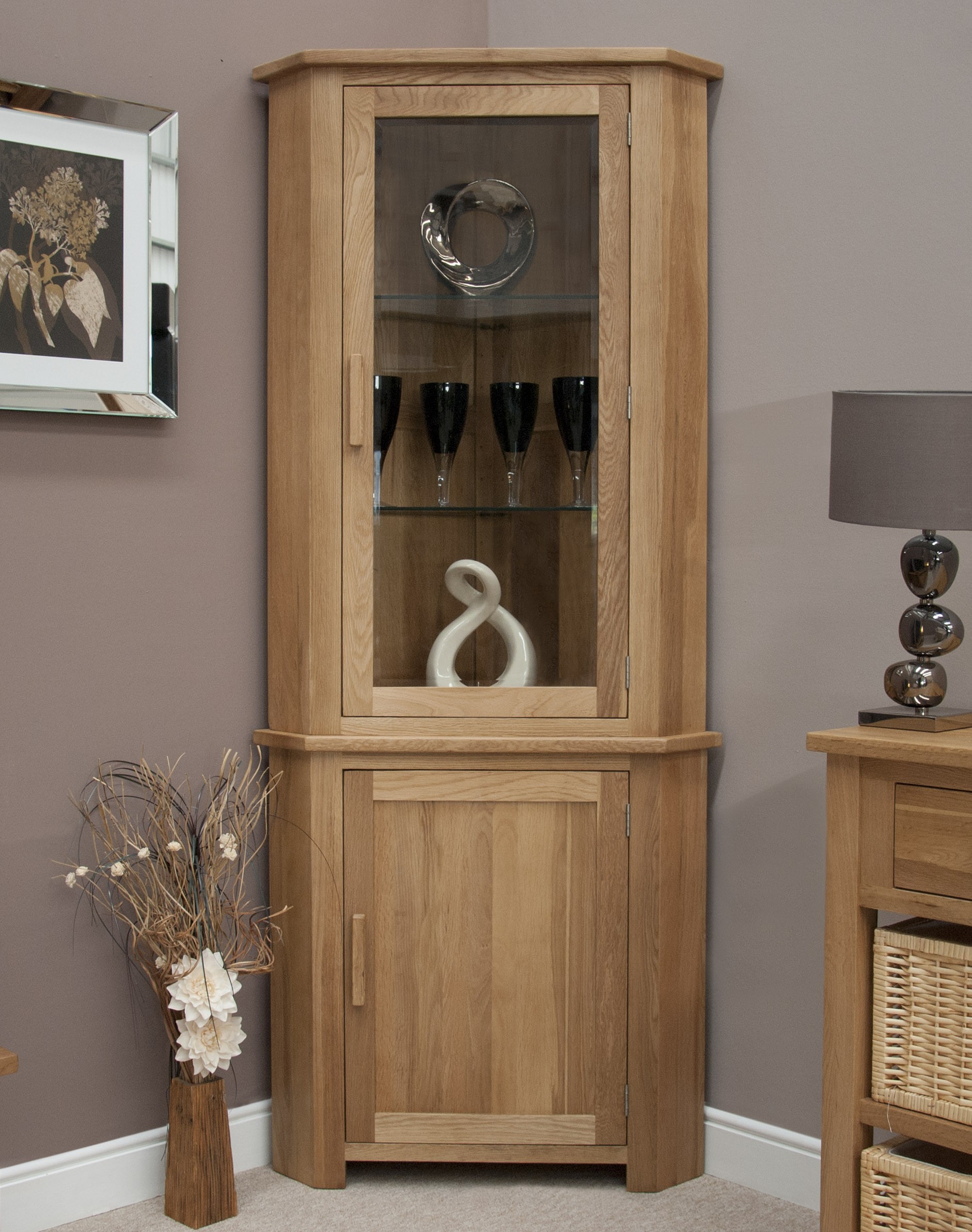 Eton solid oak living room furniture corner display cabinet unit