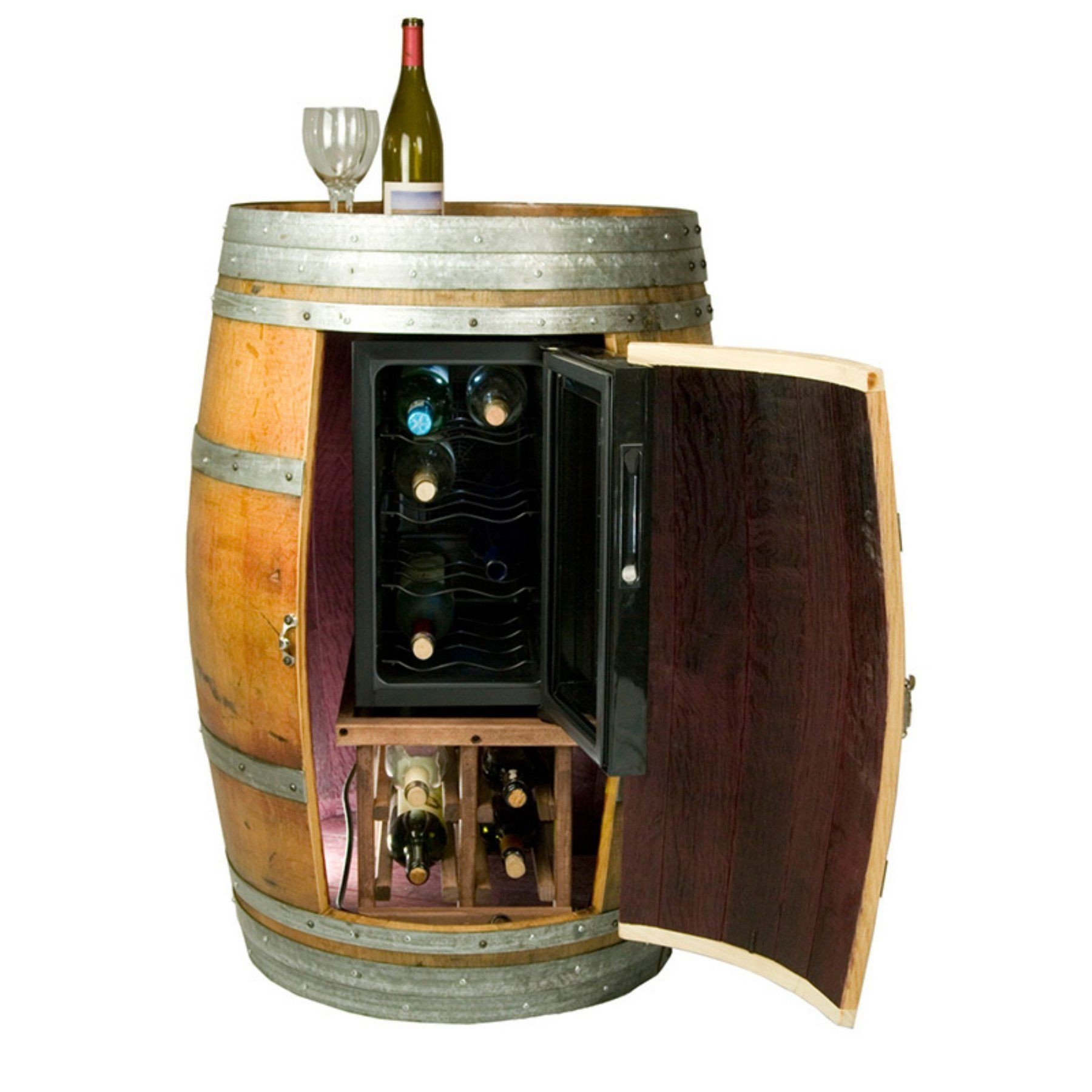Wine barrel cabinet with wine chiller