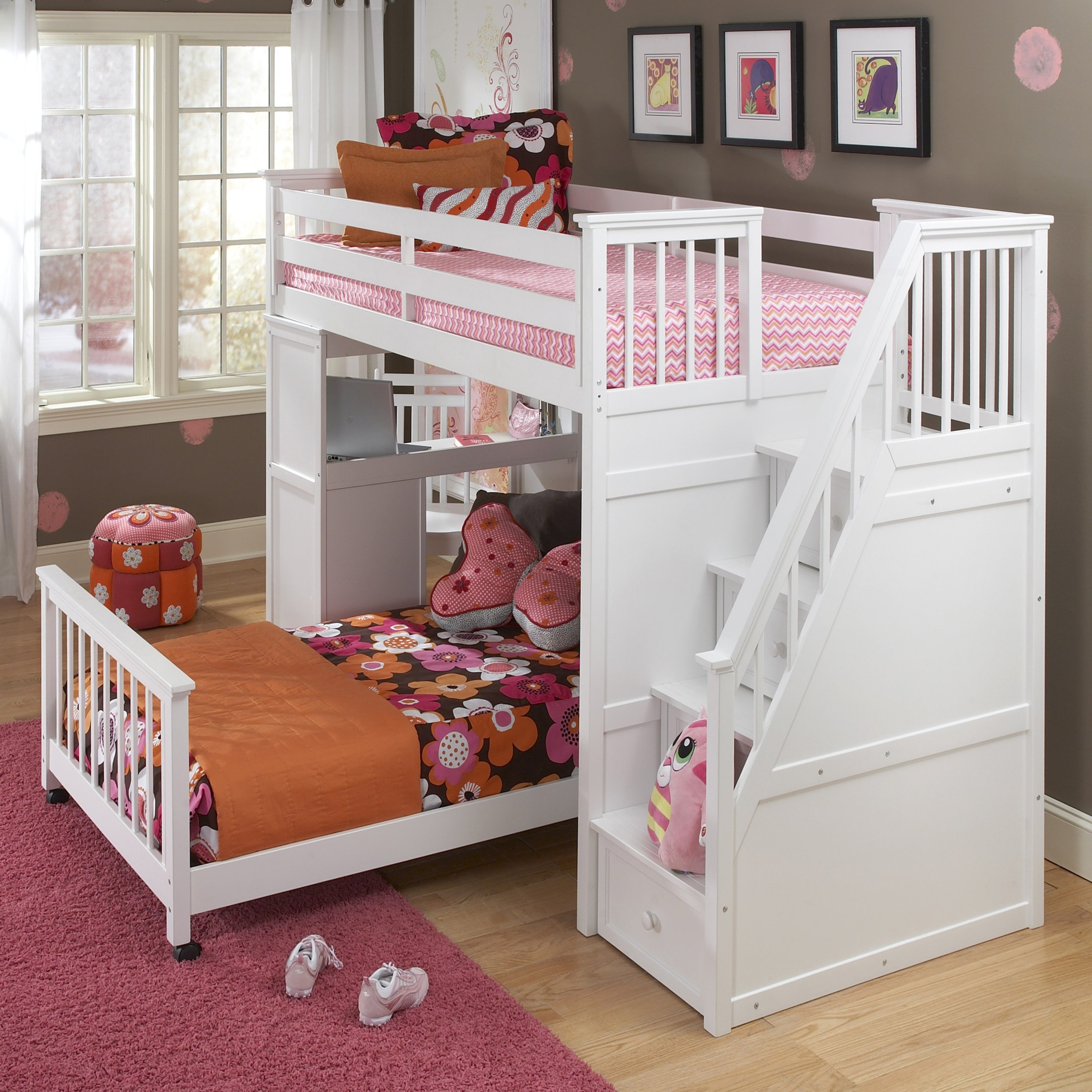 White loft bed with desk and stairs 1