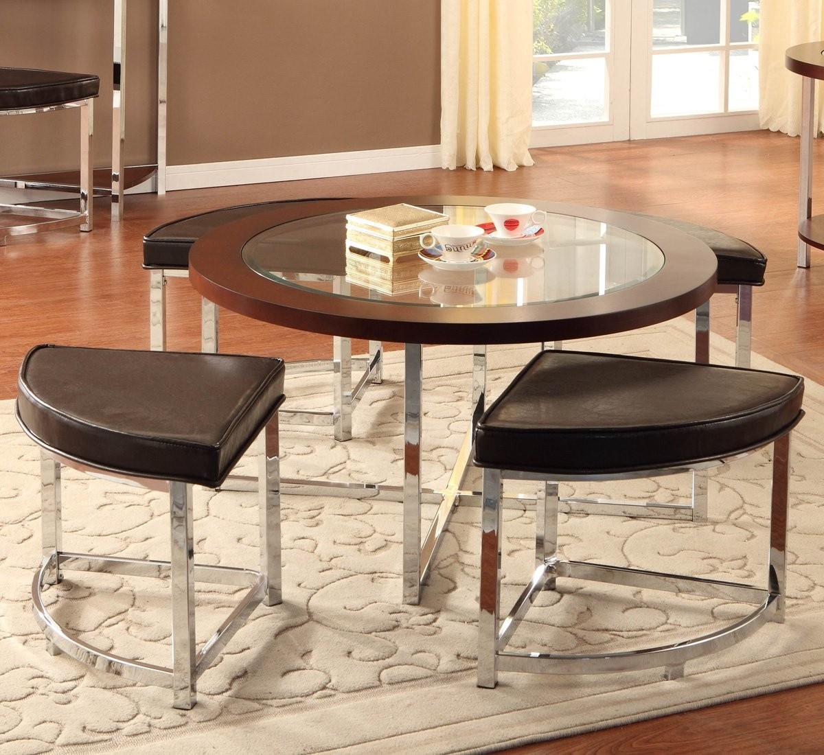 Modern wood mrtal coffee table with stools underneath