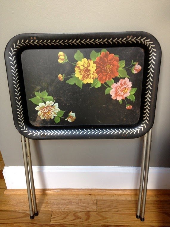 Vintage floral painted folding tv tray side table serving tray