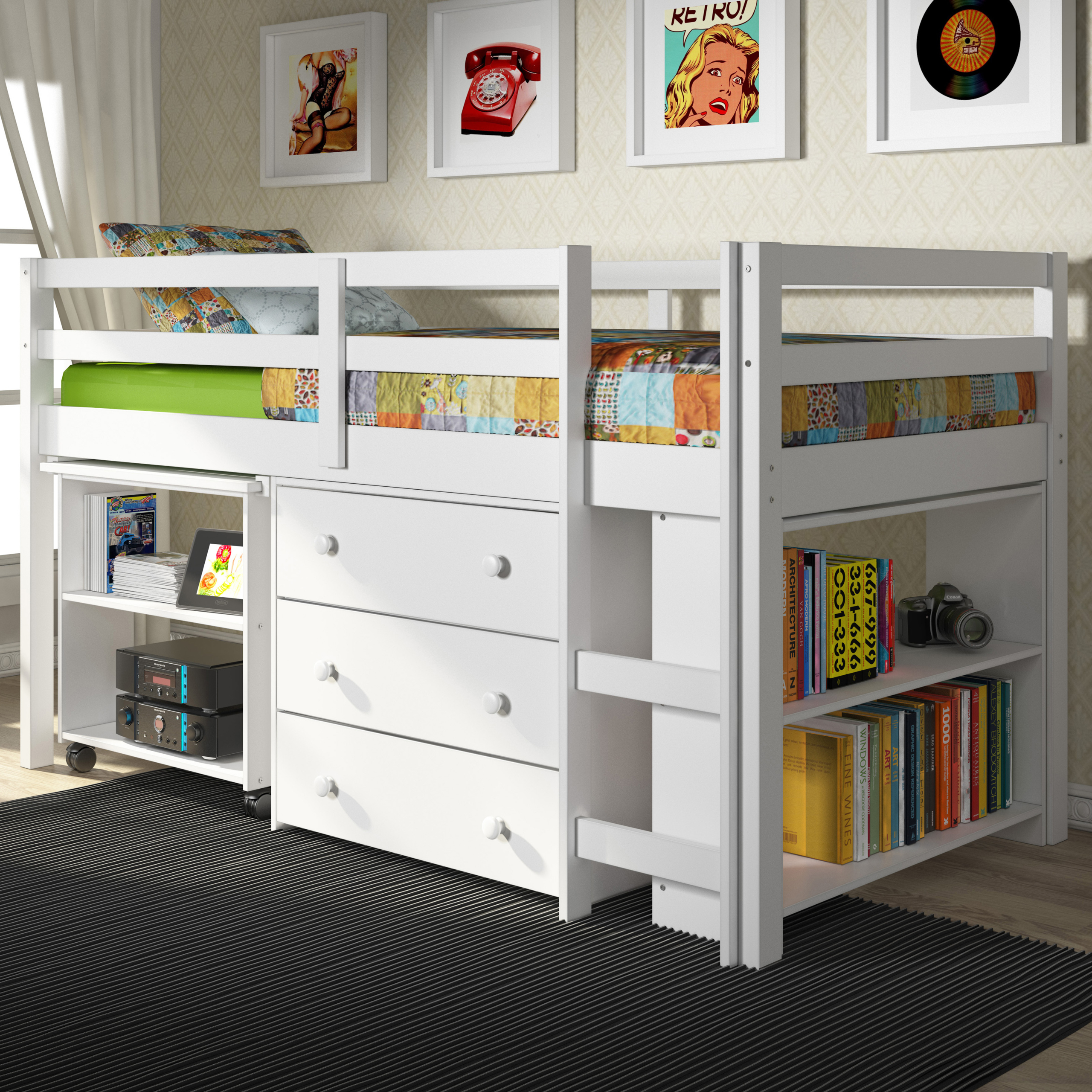 White low loft bed with desk chest of drawers and