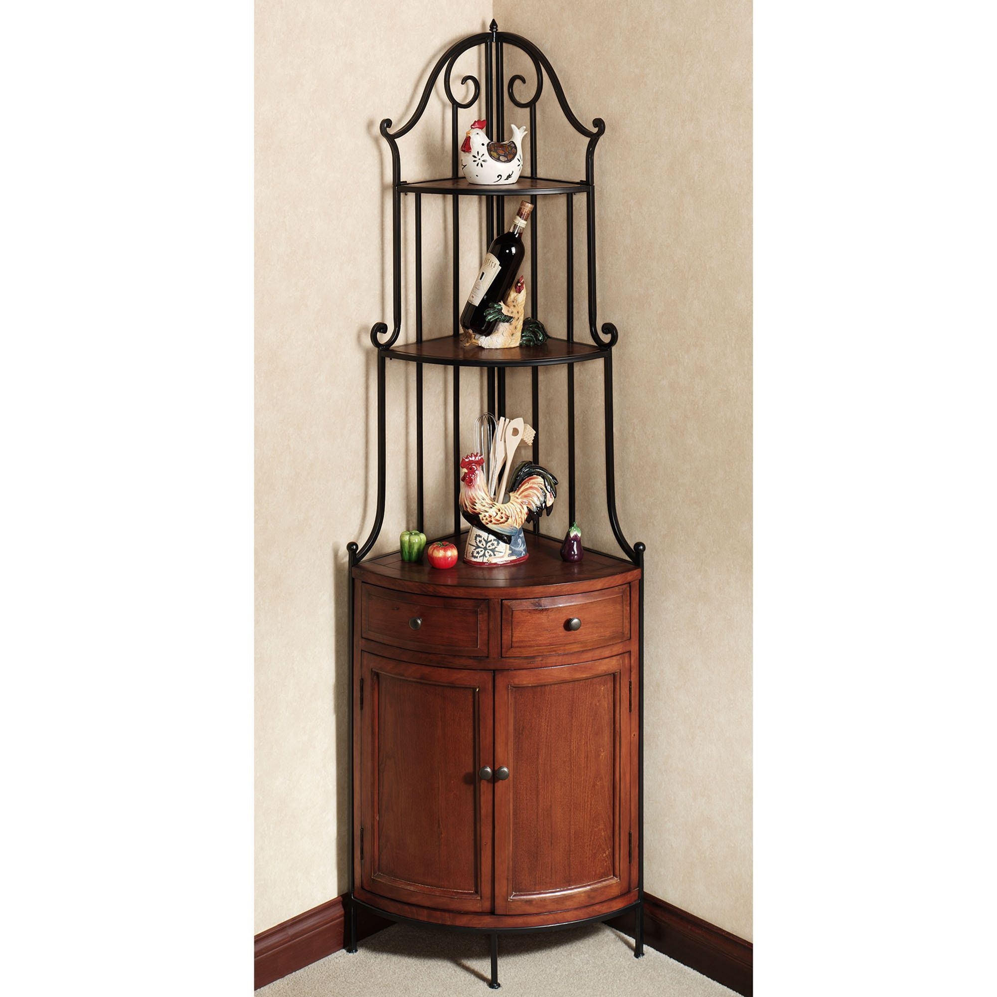 Corner bakers rack with cabinet