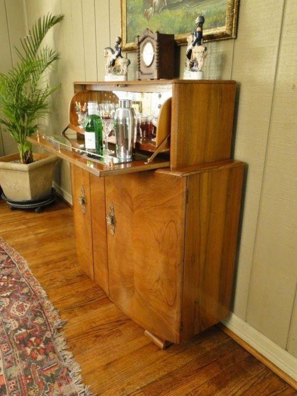 Deco bar liquor martini cabinet fold out mixing area walnut