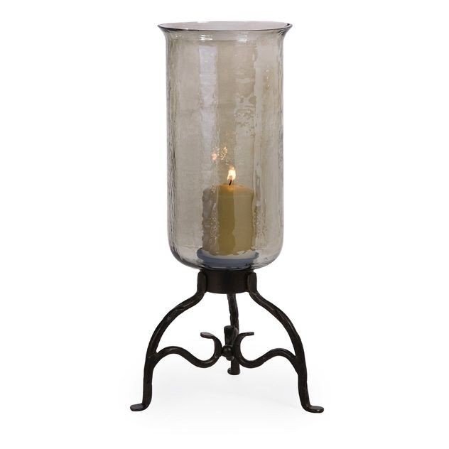 Large smoky sea green glass and iron hurricane pillar candle