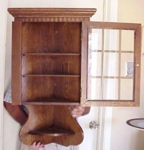 Oak hanging corner wall cabinet w pane glass door curio