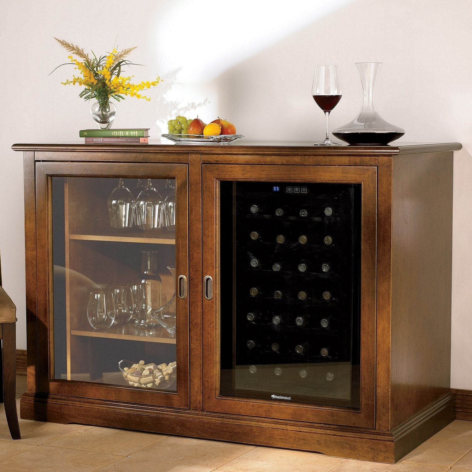 Siena mezzo wine credenza and 28 bottle touchscreen wine refrigerator