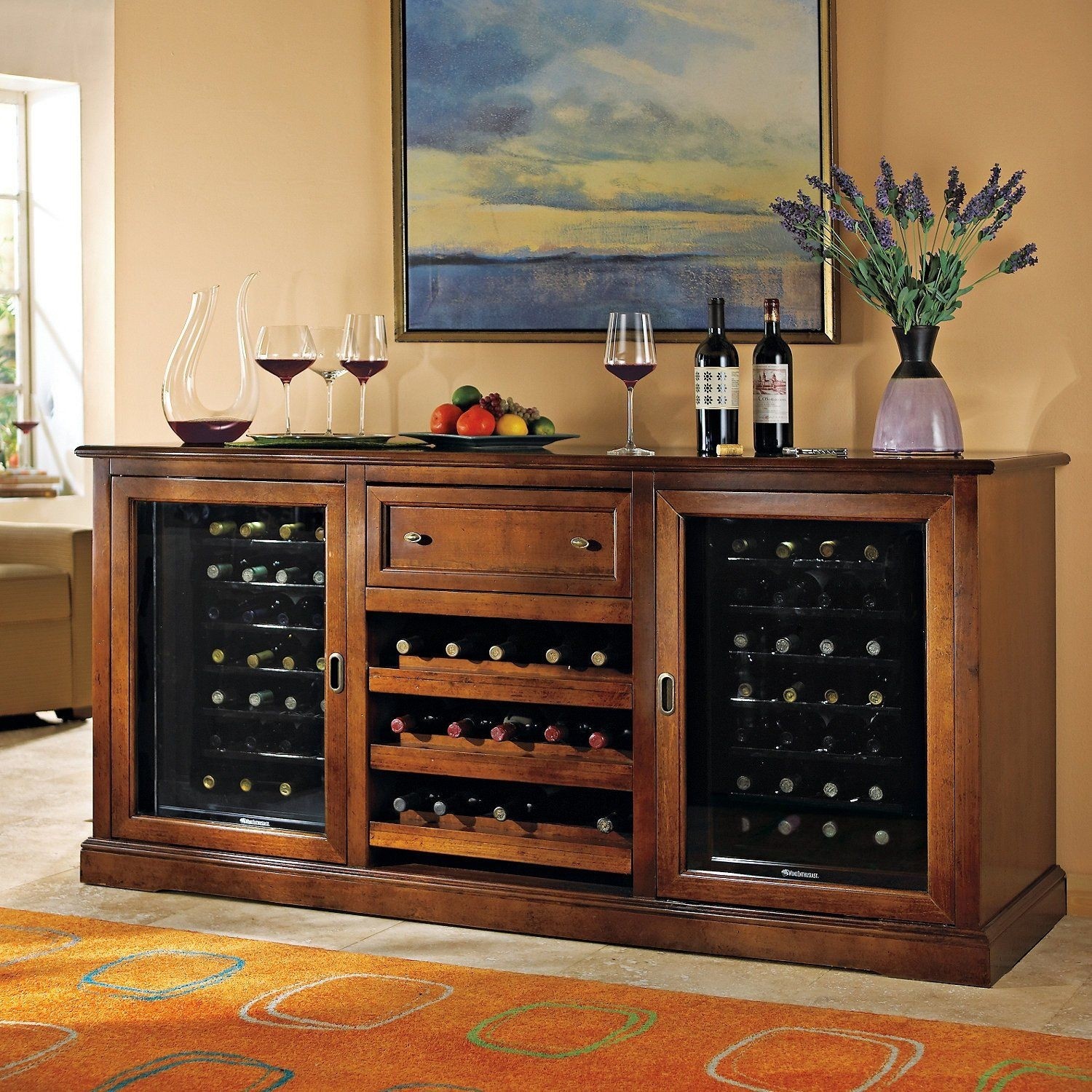 Siena wine credenza with two 28 bottle touchscreen wine refrigerators