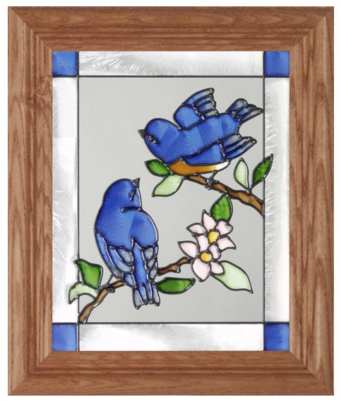 Baby bluebirds vertical stained glass panel