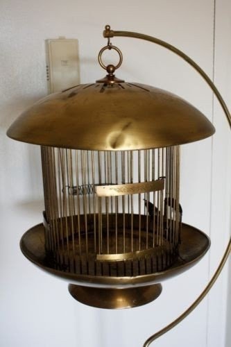 Antique hendryx brass bird cage and stand made in usa