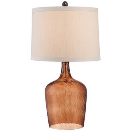 Textured clear amber glass table lamp off white linen shade