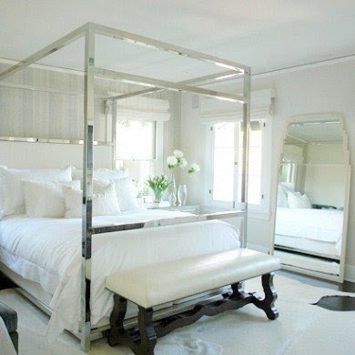 Polished nickel canopy bed with upholstered linen silk blend
