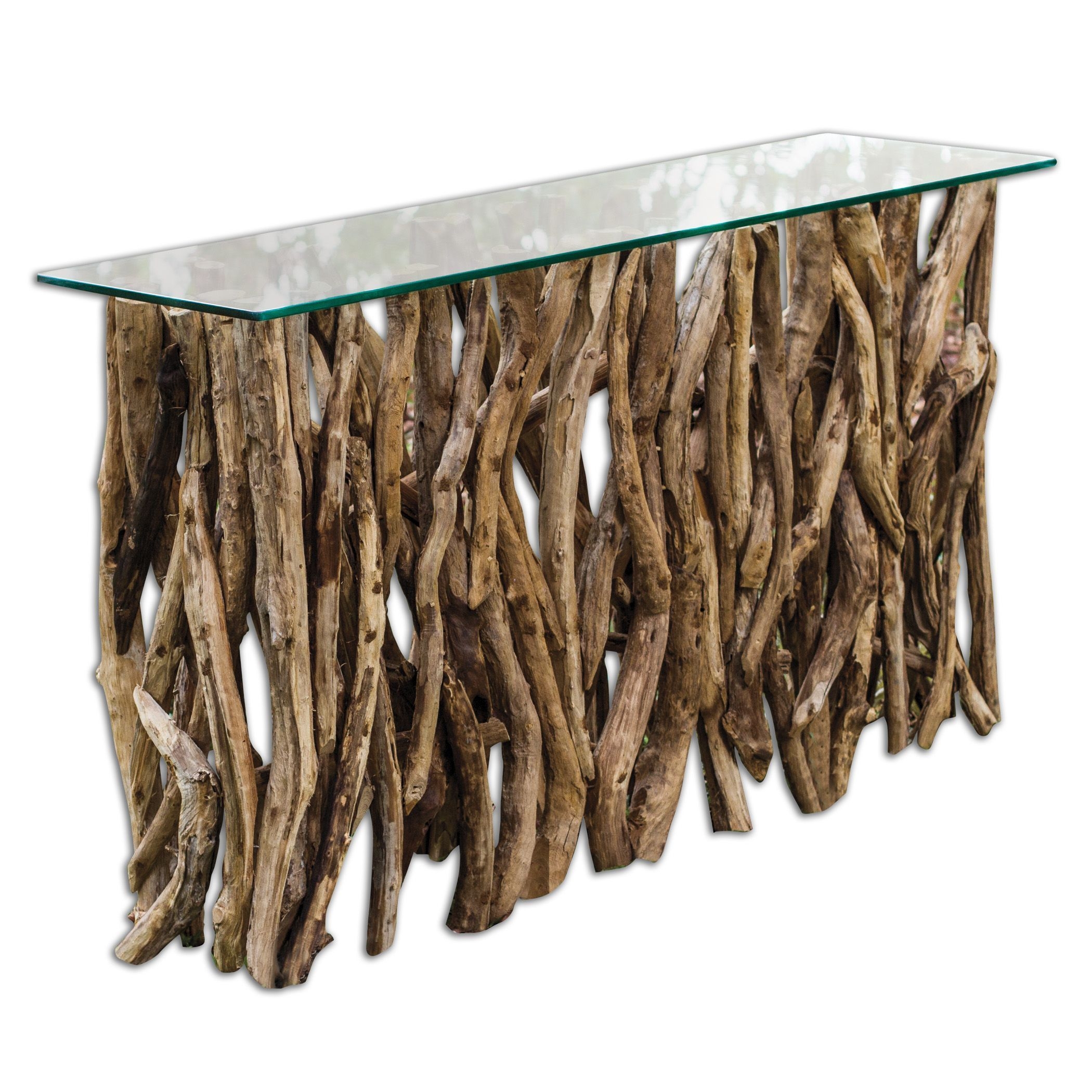 Teak wood console table glass top nautical beach cottage driftwood