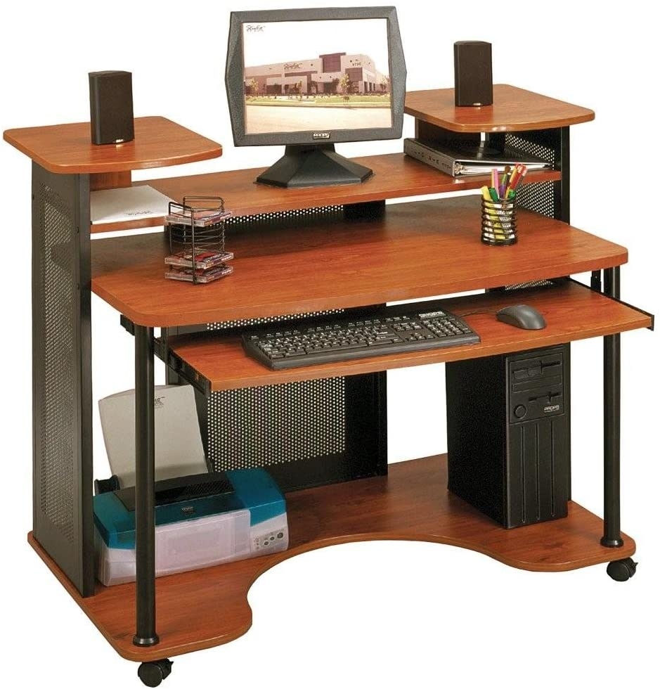 Multi level computer workstation desk w shelves wheels home office