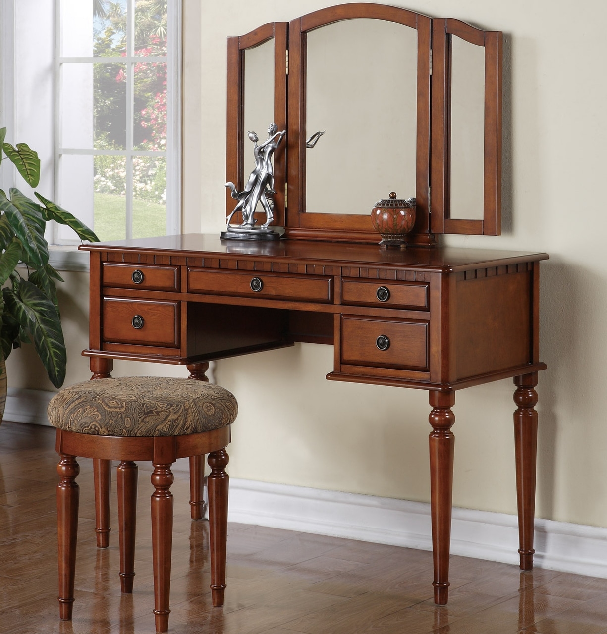 Tri folding mirror walnut wood vanity set make up table