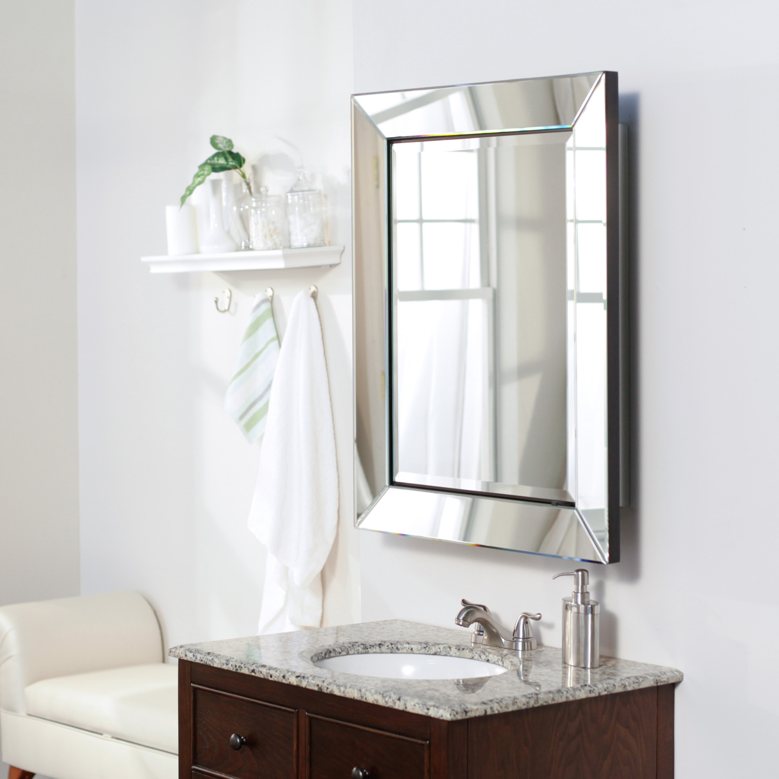 Beveled mirror frame medicine cabinet