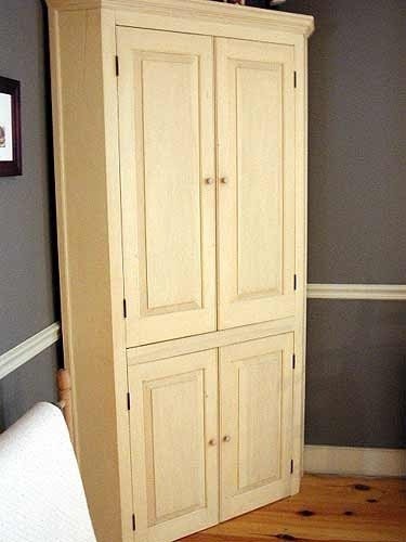 Corner tv cabinet pine raised panel doors milk paint finish
