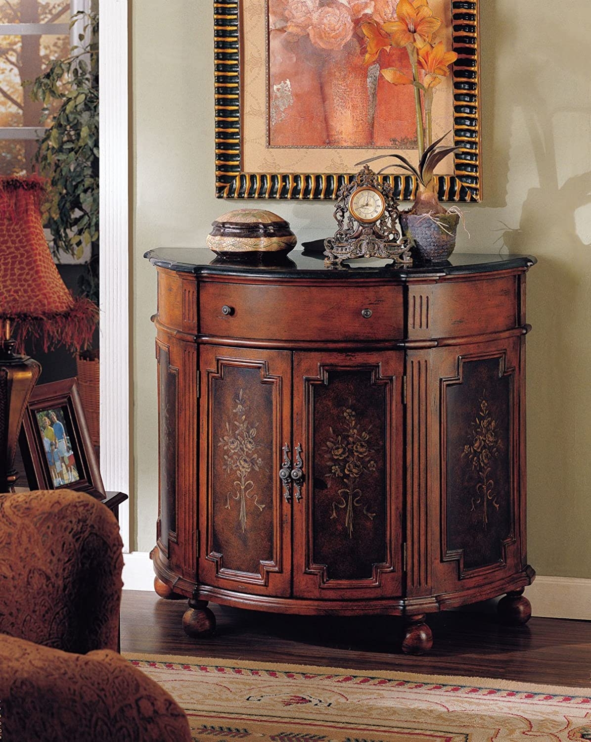 Acme cherry painted floral console cabinet
