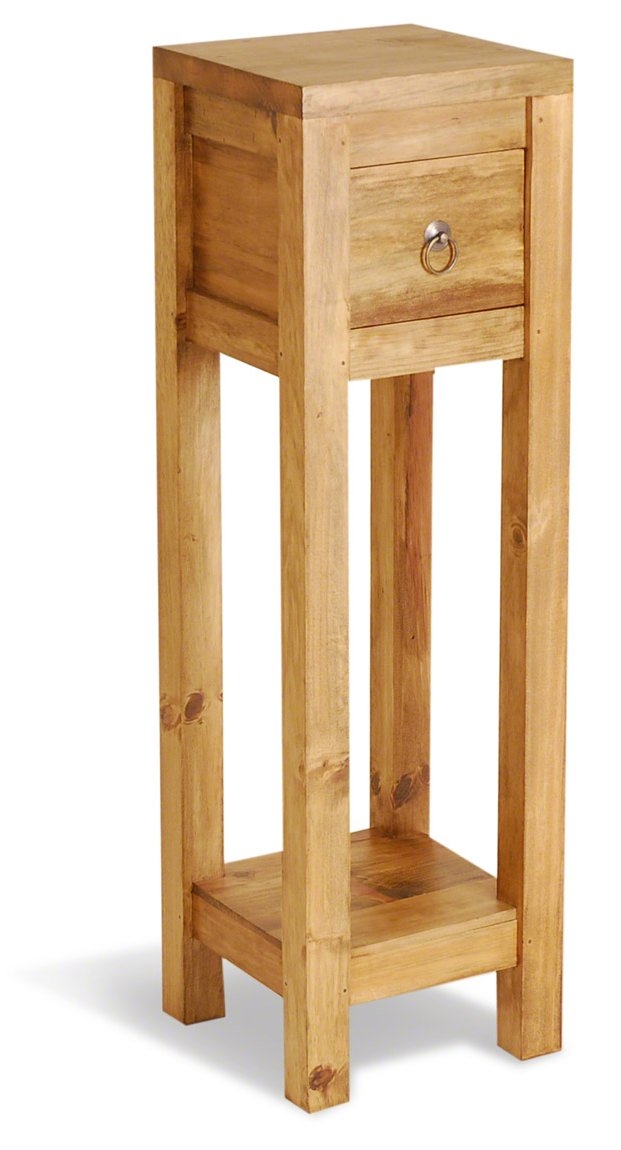 French vintage pine tall plant stand with drawer shelf