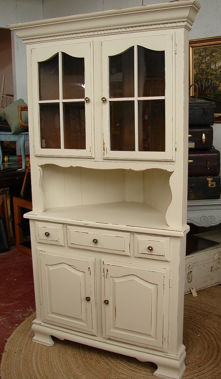 Vintage white shabby chic cottage painted corner hutch china cabinet