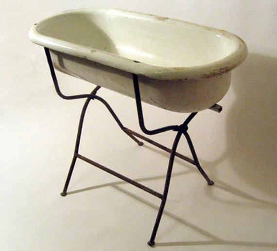 Antique authentic porcelain enamel baby bath garden planter w stand