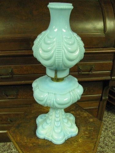 Rare coolidge drape blue milk glass oil kerosene lamp in