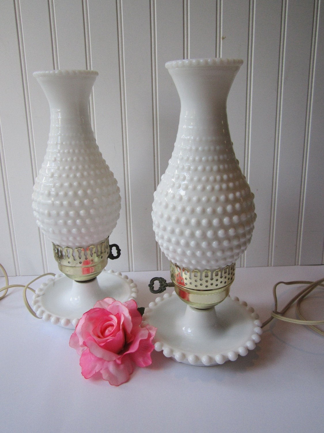 Vintage milk glass hobnail lamp pair