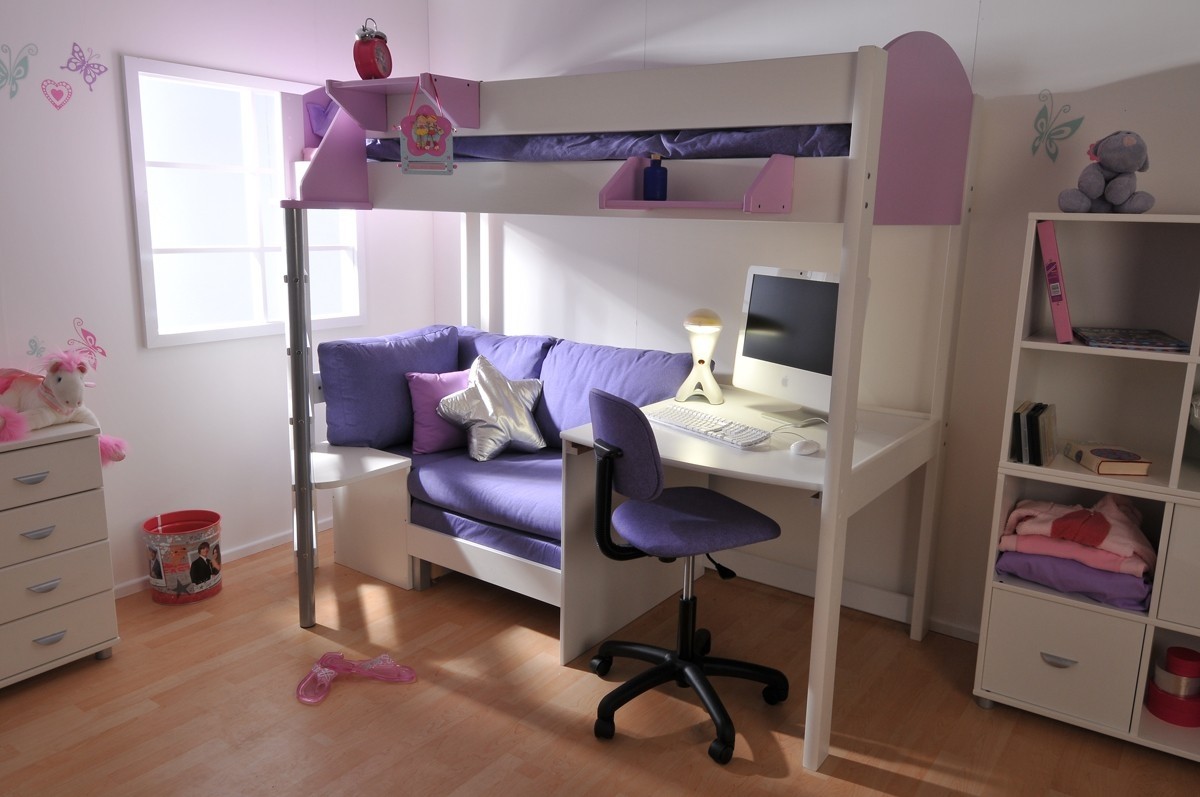 Metal high sleeper bed with desk and futon