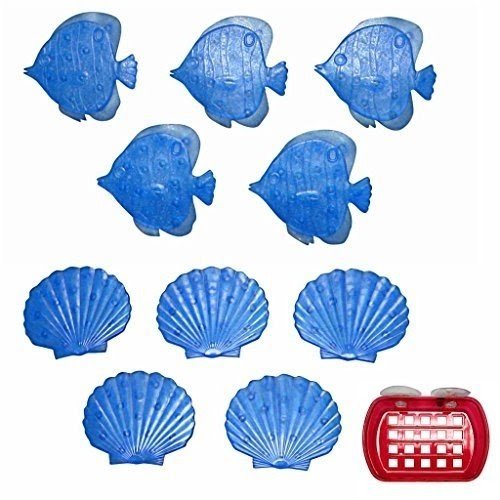 Non-Slip Bathtub Applique Set- 5 Sea Shells and 5 Fish Plus Large Suction Soap Dish for Bath